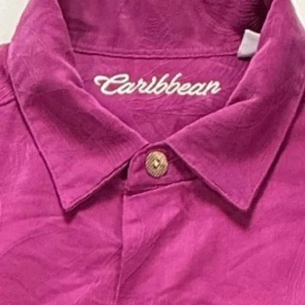 Caribbean Mens XLT Magenta Pink Tropical Palm Jacquard Short Sleeve Camp Shirt